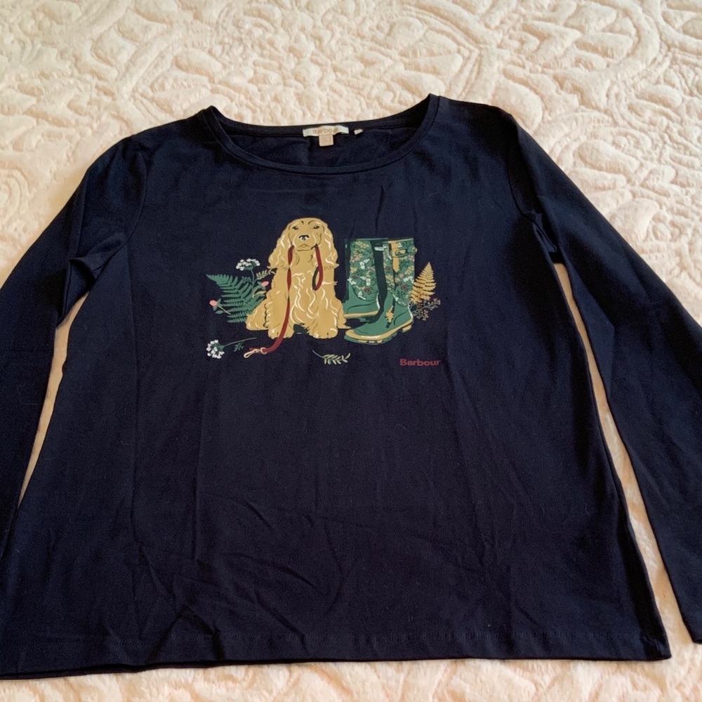 GRAPHIC T-SHIRT:  Barbour Dark Blue Top with Dog and Boots Design - Picture 4 of 6